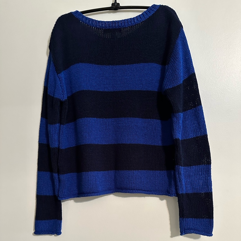 Lauren Ralph Lauren Navy and Royal Blue Stripe Crew Neck Sweater, Size L - Picture 2 of 5